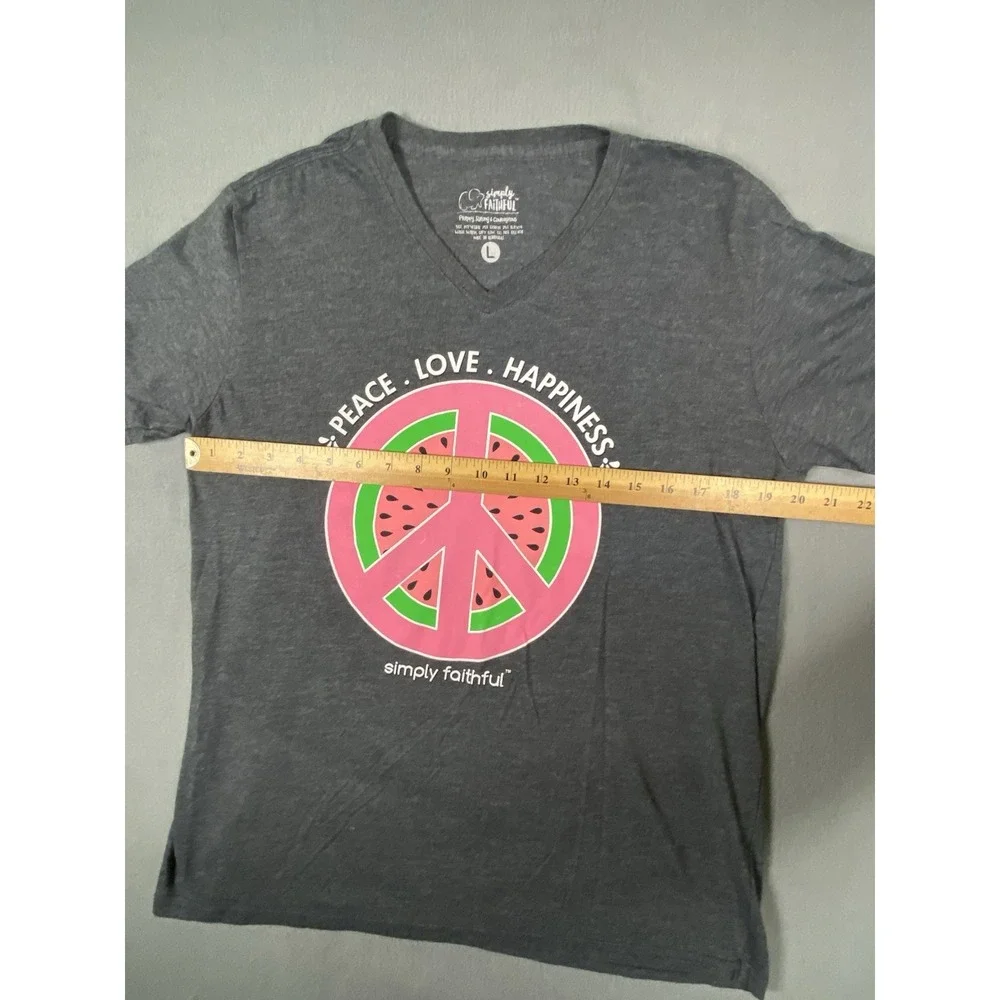 Simply Faithful "Peace Love Happiness" Watermelon Peace Symbol V Neck T Shirt L - Picture 3 of 8
